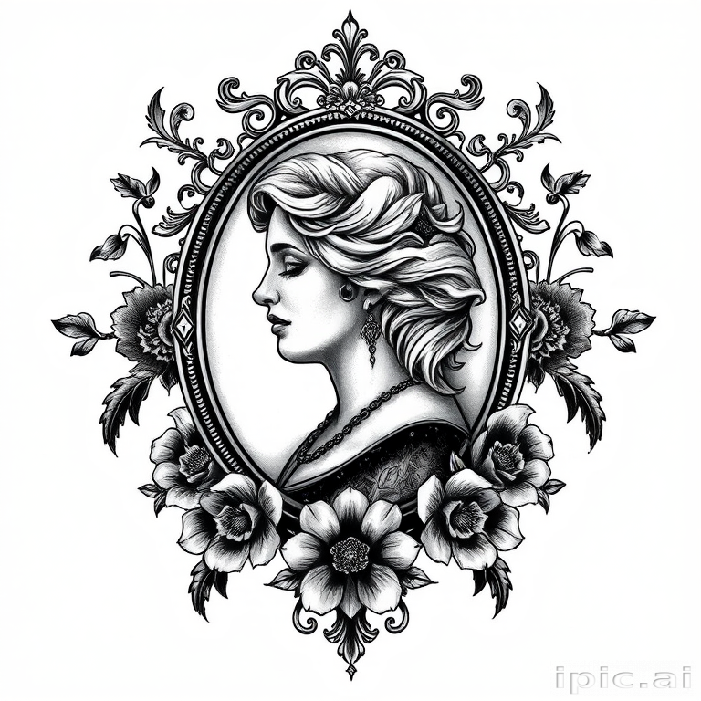 Gothic Victorian tattoo featuring an intricate cameo portrait surrounded by ornate filigree and dark floral elements, rendered in a monochromatic palette with subtle gray shading