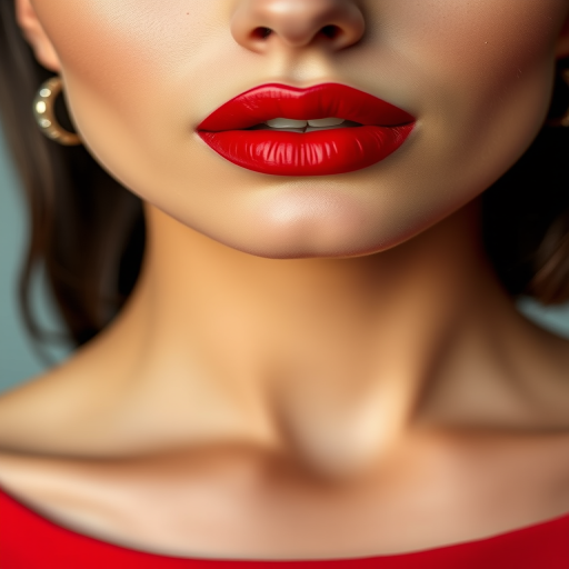 Elegant woman lips showcasing a classic red satin lipstick, timeless and sophisticated, full and symmetrical, embodying confidence and glamour