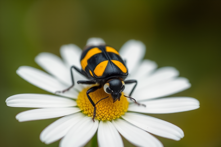 macro shot of a black and yellow striped bug on a white daisy, soft focus background, f-stop 3.5, shutter speed 1/200s, ISO 200, taken with a DSLR camera, 50mm lens, natural lighting