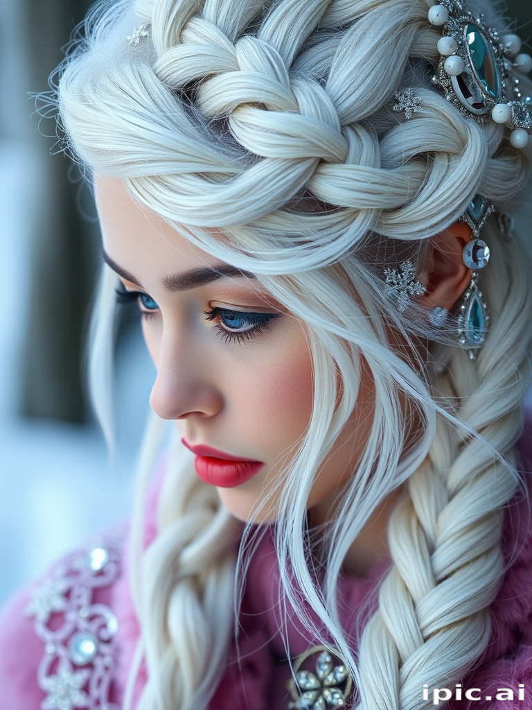 Mesmerizing close-up reveals Frost Queen platinum blonde hair, icy white strands with subtle blue undertones, styled in an intricate braided updo adorned with crystal accessories