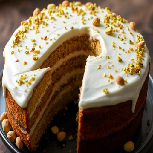 A delicious round cake with multiple layers visible inside topped with a smooth white frosting and sprinkled with crushed pistachios, some whole pistachios around the edge, and a slice removed revealing the layered interior.