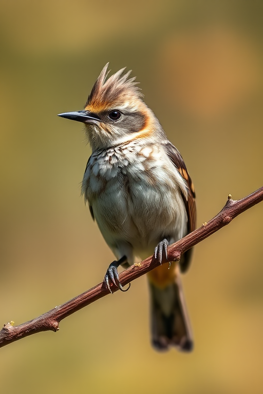 Capture a detailed close-up of a crested bird perched on a twig, using a 50mm lens at f/2.8, ISO 200, shutter speed 1/200s, natural light, with a soft bokeh background to enhance depth.