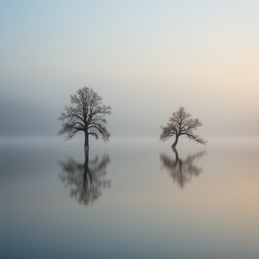 misty lake landscape with two trees in calm water, reflections visible, soft light, shot with a DSLR camera, aperture f/8, ISO 100, shutter speed 1/125 sec, focal length 35mm, taken at sunrise for warm tones and enhanced detail.