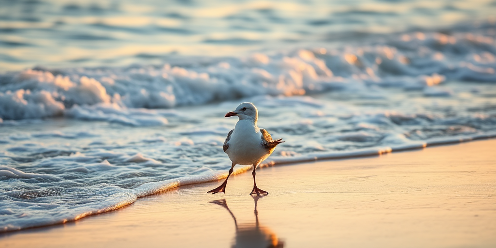 seagull walking along the shoreline with waves gently crashing in the background, captured at sunrise with a DSLR camera, 85mm lens, aperture f/4, shutter speed 1/250s, ISO 200, focus on the bird, shallow depth of field, vibrant colors