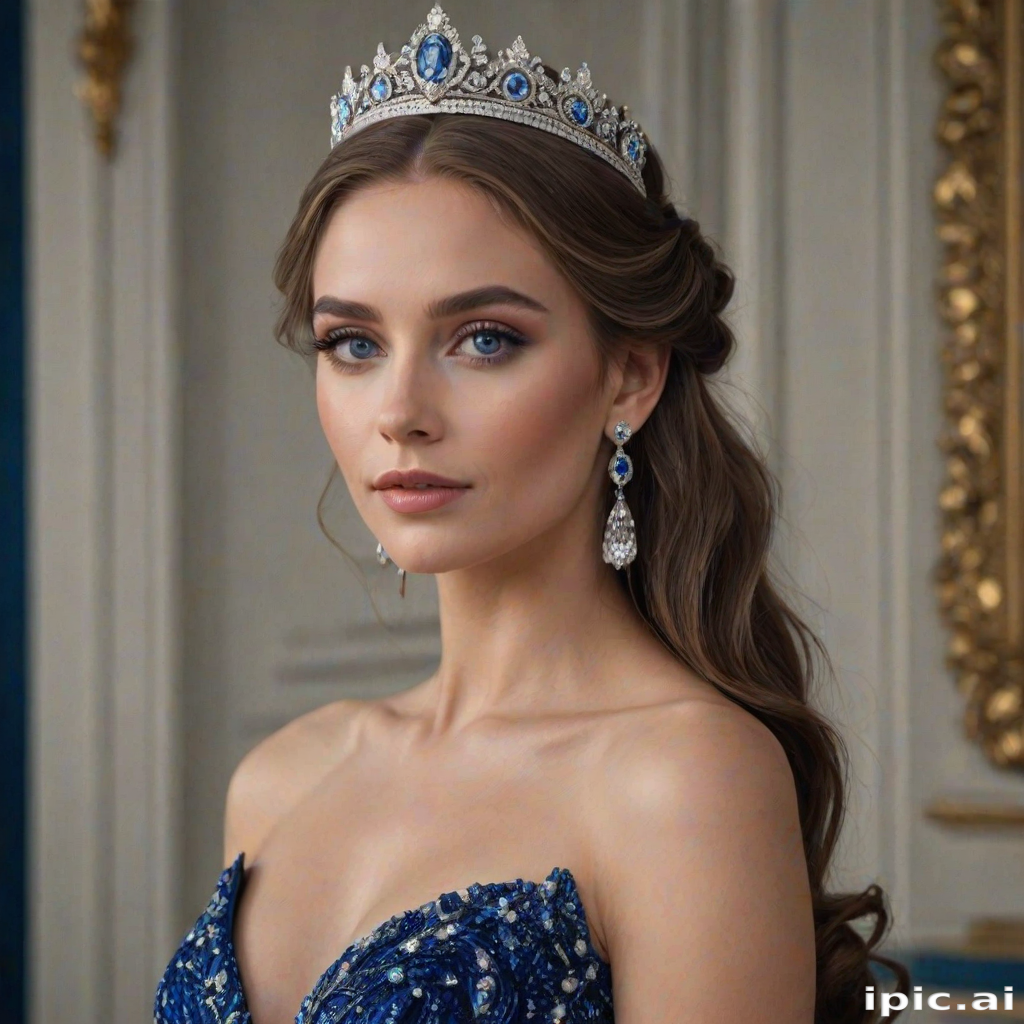 A gorgeous woman in a luxurious blue gown, accessorized with a dazzling tiara and statement earrings, her deep blue eyes highlighted by impeccable makeup, poised in a royal setting, photorealistic, 8K quality