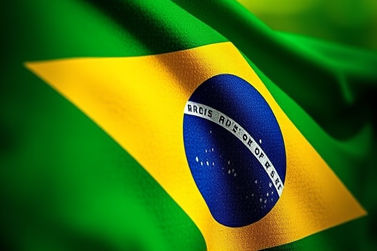 Create a high-resolution image of the Brazilian flag with a textured painting effect, use a DSLR camera, 50mm lens, f/1.8 aperture, ISO 100, 1/200 sec shutter speed, with a soft-focus background and vibrant colors.
