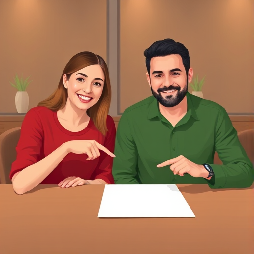 Create a digital illustration of a woman in a red shirt and a man in a green shirt sitting at a table, smiling and pointing at a blank sheet of paper in front of them, captured with a Canon EOS R5, 50mm lens, f/2.8 aperture, soft lighting, and a slight angle for a more dynamic view.