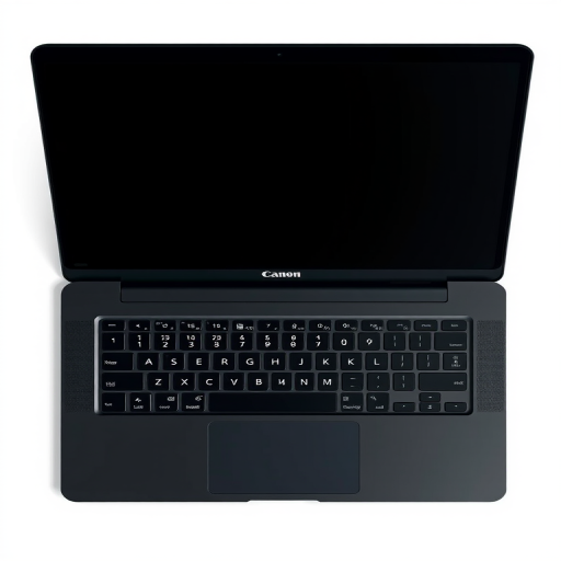 create a high-resolution digital illustration of a sleek black laptop with a glossy screen, top-down view, using a Canon EOS 5D Mark IV with a 50mm lens, aperture f/2.8, ISO 100, and soft studio lighting for enhanced clarity and detail