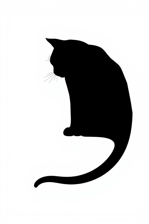 Generate a high-resolution image of a stylized black silhouette of a cat with a smooth texture against a white background, using a Canon EOS-1D X Mark III camera with a 50mm lens, aperture f/1.8, ISO 100, and natural lighting for clarity and detail.