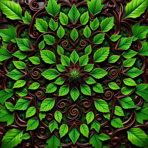 Create a detailed and intricate mandala design featuring swirling brown vines and vibrant green leaves in a symmetrical pattern, shot with a Nikon D850 at f/8, ISO 100, 50mm lens, using a top-down view for enhanced clarity and color saturation.