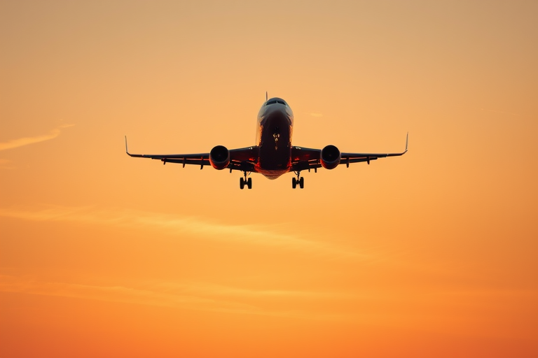 airplane taking off at sunset with a blurred background demonstrating motion, focus on aircraft, ISO 200, aperture f/8, shutter speed 1/1000s, 35mm lens, DSLR camera