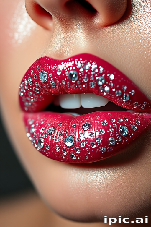 Dazzling diamond-dusted lips with a high-shine finish, sparkling and catching the light beautifully, captured in a glamorous and luxurious beauty close-up