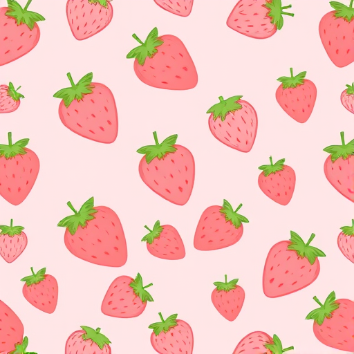 Create a seamless pattern featuring a light pink background with various cute strawberries scattered throughout. Each strawberry should be a soft pink color with green leaves and a small red stem, showcasing a playful and whimsical design.