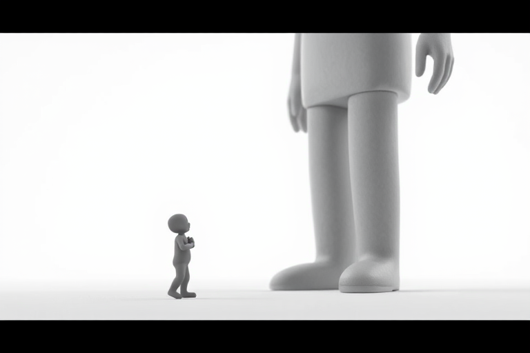 A tiny gray figure looking up at a large gray figure, soft lighting, shallow depth of field, 50mm lens, f/2.8 aperture, ISO 100, shot from a low angle, stylized minimalist rendering in 3D.