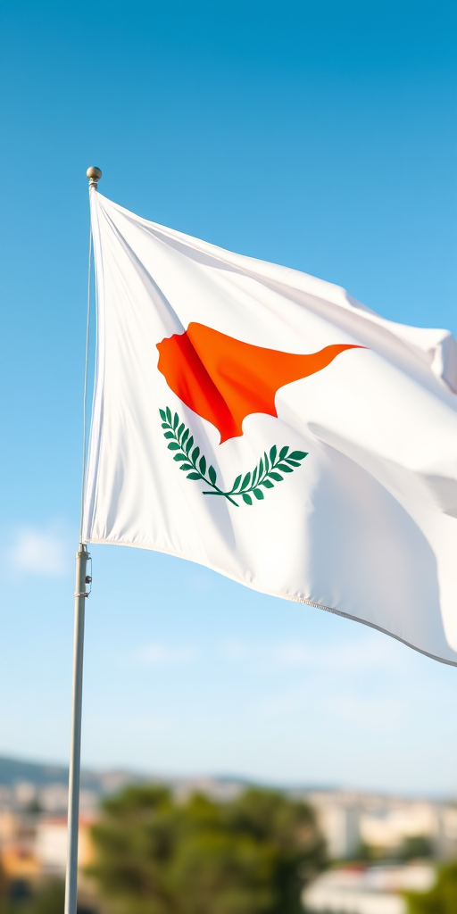 Create a high-resolution digital illustration of the flag of Cyprus waving in the wind, captured with a DSLR camera set to f/8, ISO 100, 1/250s, with a panoramic view and a soft focus background to enhance the details of the flag and the colors of the design.