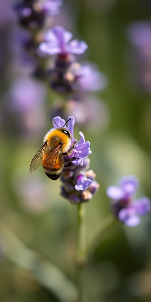 Capture a close-up shot of a bee on a lavender flower with a shallow depth of field, using a DSLR camera, aperture f/2.8, shutter speed 1/500 sec, ISO 200, natural light in soft focus for enhanced details.
