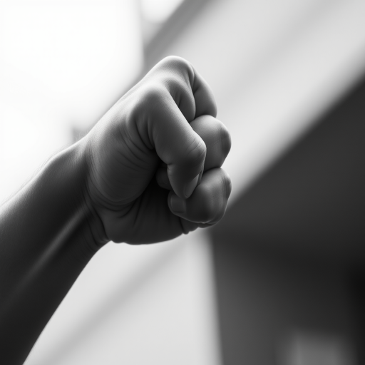 A raised fist in a powerful pose, high contrast black and white, shot with a DSLR camera, aperture f/2.8, shutter speed 1/125s, ISO 100, focus on details, natural lighting, close-up view.