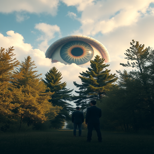 Create a surreal landscape with a giant, detailed eye in the sky, two figures in suits standing in front of it, surrounded by lush trees, using a DSLR camera with a 50mm lens, f/1.8 aperture, ISO 100, soft focus background, and dramatic lighting.