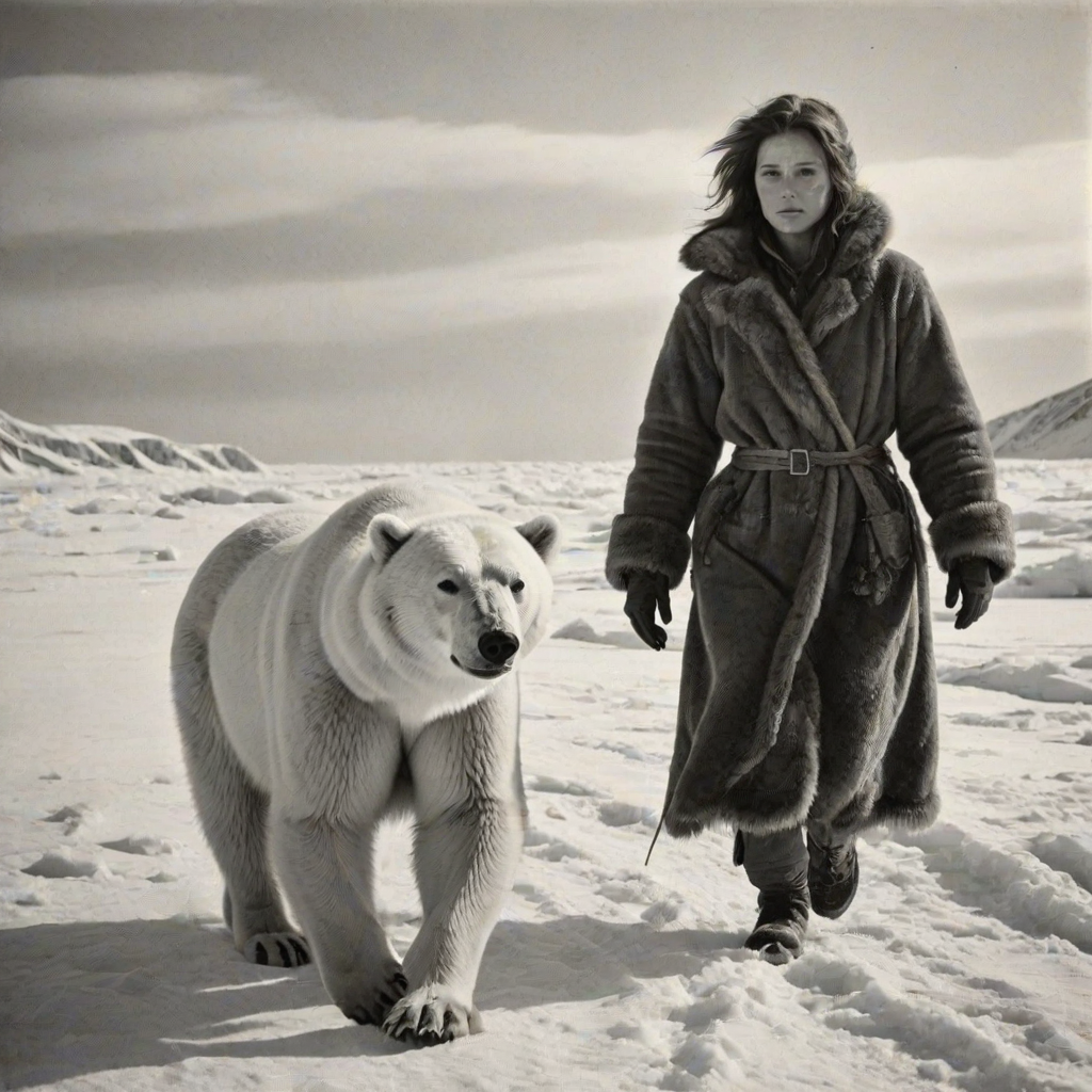 A very old photograph in black and white. The photo is badly damaged, faded, with scratches, tears, smudges and dirt. The photo is ultra-realistic and very detailed. It's a picture of an Arctic warrior. She is walking serenely towards the camera. At her side walks a majestic polar bear. Its fur shines in the sunlight. Snow, ice, sea. wind. snow in the air.
