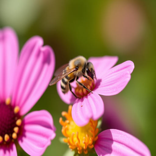 macro shot of a pink flower with a bee on it, shallow depth of field, f/2.8 aperture, 1/200 sec shutter speed, ISO 100, natural lighting, DSLR camera, close-up view