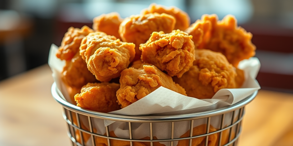 Create a highly detailed, realistic image of a bucket of fried chicken with crispy golden pieces visible, using a Canon EOS R5 camera, 50mm lens, aperture f/1.8, ISO 100, natural lighting, and a shallow depth of field for enhanced image quality.