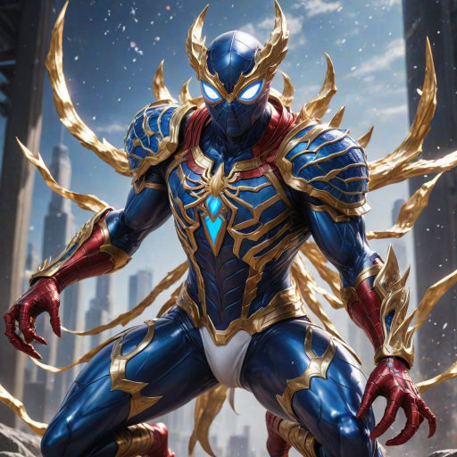 A high-budget, anime-style wallpaper featuring Spiderman in an epic White, blue red Kirin armor. Golden dragon gloves, the gloves is in the shape of dragon heads, Golden dragon head gloves, White glossy eyes, The armor is designed with metallic details that reflect light, showcasing intricate Kirin motifs. Spiderman's armor is a striking gradient of blue, red and white, with Colorful galaxy inner sections, making it look both powerful and sleek. The background is flat white, with Kirin-shaped blue-violet glowing rune relic to give the impression power, striking pose, the Kirin's armor is dominantly in white, with some details in blue and red, Cinematic anime action scene, cinematic action pose, medium shot action portrait, dramatic effect of shadow and light.