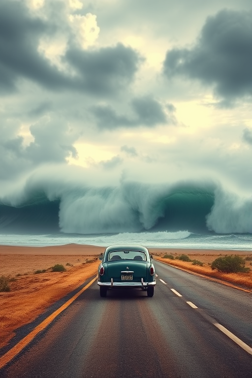 A vintage car driving on a deserted road with a massive tsunami wave approaching from the ocean under a dramatic sky, captured with a DSLR camera at f/11, ISO 100, 1/160 sec, using wide-angle lens at 24mm, in HDR style for enhanced detail and contrast.