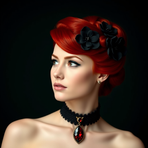 A young woman with bright red hair styled in a voluminous updo adorned with black floral accents, wearing a black choker with a large red gemstone pendant, looks off to the side with a slightly pensive expression, her face softly lit against a dark background.  The image is composed as a portrait, shot from a close-up perspective, with the subject filling most of the frame.  The woman's skin appears fair and flawless, with a subtle glow.  The overall atmosphere is elegant and slightly dramatic.