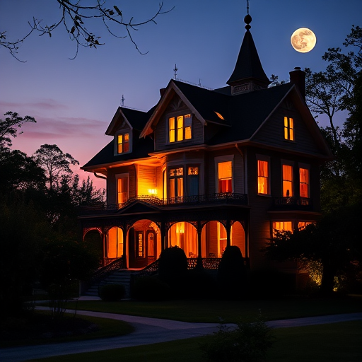 A beautifully detailed Victorian house illuminated at dusk with soft warm lights, surrounded by lush gardens and silhouetted trees, twilight sky with hints of stars and a full moon, captured with a DSLR camera at f/2.8, ISO 800, 24mm lens, HDR imaging for enhanced colors and clarity.