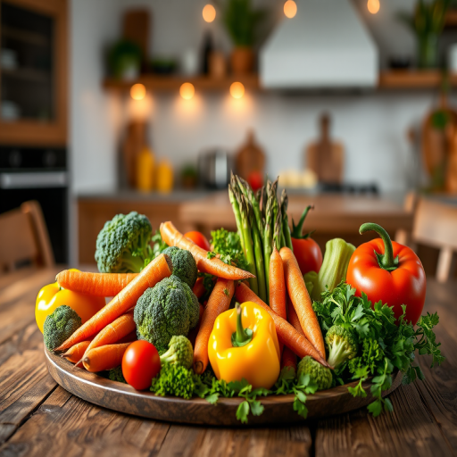 A beautifully arranged platter of fresh vegetables like broccoli, carrots, asparagus, yellow bell pepper, and tomatoes on a rustic wooden table with an inviting kitchen in the background, warm ambient lighting, shot with a Canon EOS R5 at f/2.8, ISO 100, 50mm lens, with a shallow depth of field to enhance focus on the vegetables and a soft bokeh effect in the background.