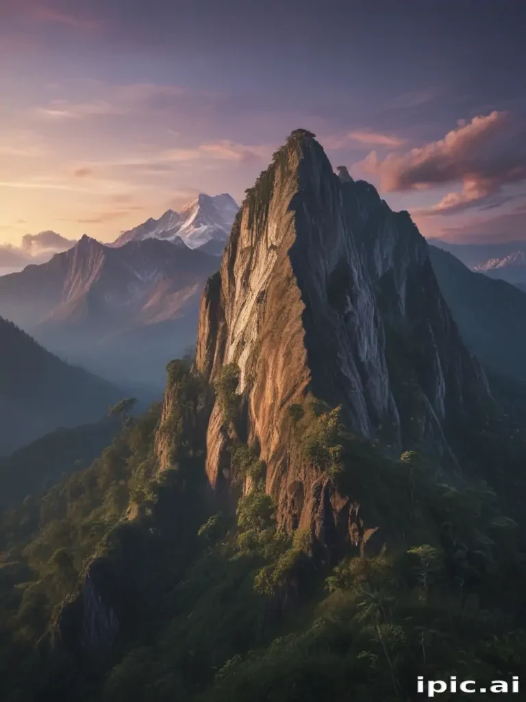 Majestic Mountain Peak Bathed in Golden Sunset Light Surrounded by Lush ...