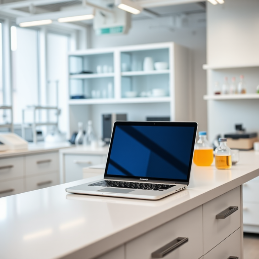 Create a high-resolution image of a modern laboratory workspace featuring a laptop on a clean countertop with glassware and laboratory equipment in the background, using a Canon EOS R5 camera with a 24-70mm lens, aperture f/2.8, ISO 100, and a wide-angle view to capture a bright and professional atmosphere.