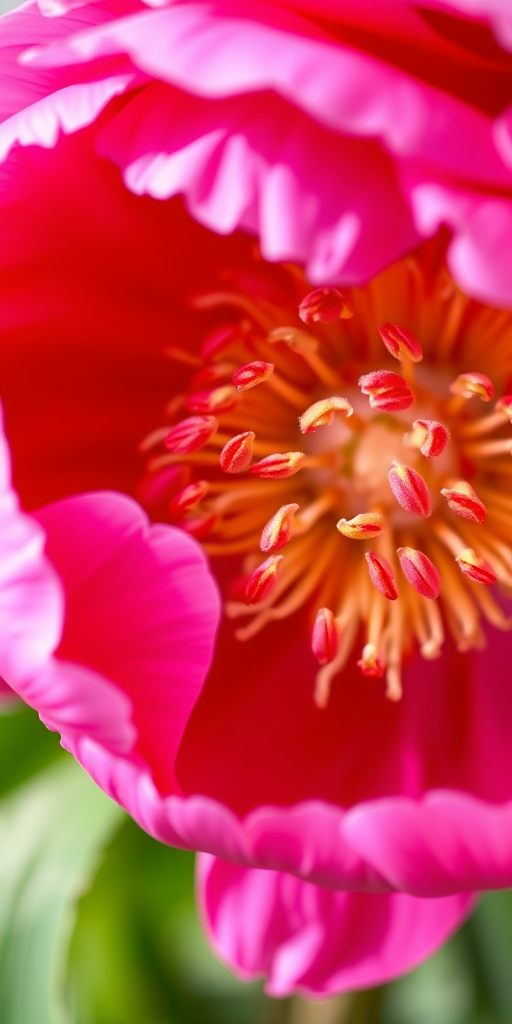 Capture a close-up of a vibrant pink peony flower with rich details in the petals and stamen, using a DSLR camera, 50mm lens, aperture f/2.8 for a shallow depth of field, ISO 100, natural light, and a soft focus background to enhance the flower's colors and textures.