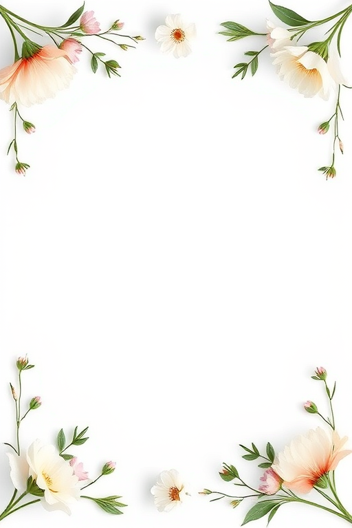 Create a centered, minimalist frame design with elegant floral corners, utilizing a DSLR camera with a 50mm lens, f/1.8 aperture, ISO 200, and 1/60 sec shutter speed, at eye level for high detail and contrast.