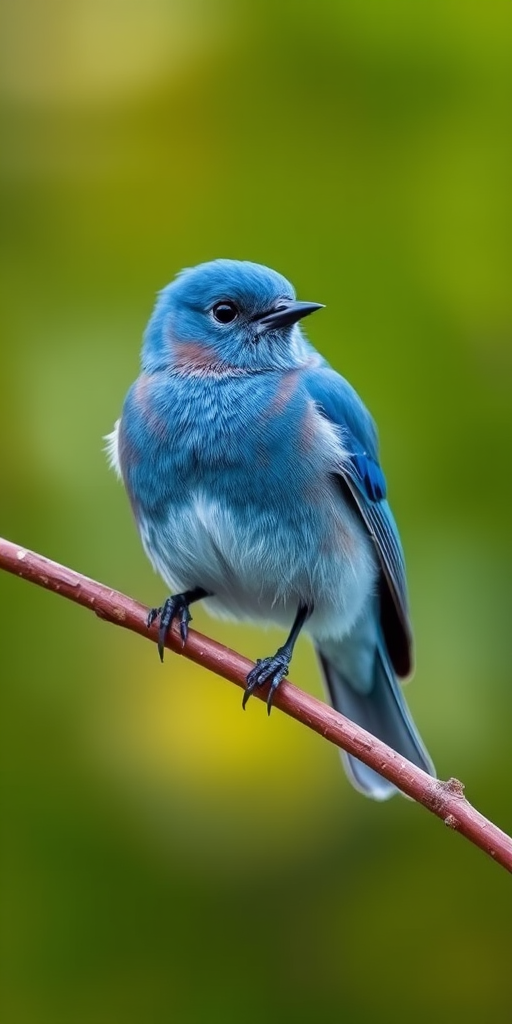 Photograph a bluebird perched on a branch with a blurred green background, using a DSLR camera in aperture priority mode, f/4 aperture, ISO 200, 1/500 shutter speed, 50mm lens, shallow depth of field for enhanced focus on the bird.