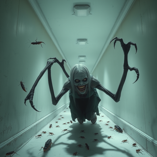a crooked female with long arms and a creepy smile is crawling along a long white corridor and you can also see cockroaches in it there is a creepy atmosphere creepy art style