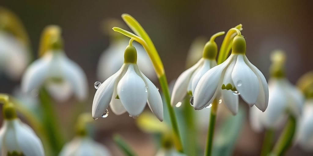Generate a close-up image of delicate snowdrop flowers in soft-focus with dew droplets on petals, using a DSLR camera, f/2.8 aperture, 50mm lens, ISO 100, natural light, shallow depth of field.