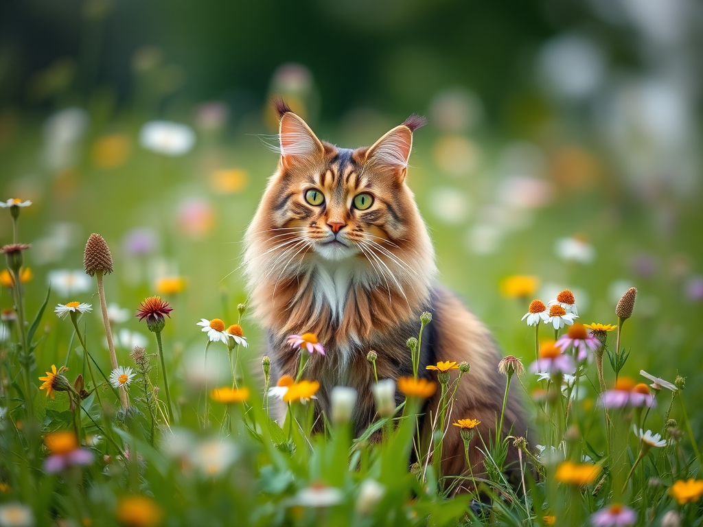 Maine Coon cat sitting in a lush green meadow filled with wildflowers, soft bokeh effect in the background, natural lighting, taken with a DSLR camera, aperture f/2.8, shutter speed 1/200s, ISO 100, lens 50mm.