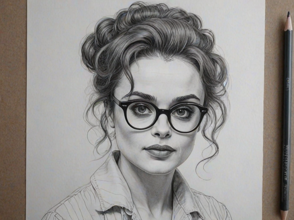 Lovely Helena Bonham Carter, pencil sketch, portrait of Captivating woman 1957s in glasses, hair style beatnik, outline, clear lines, fine lines, 8k