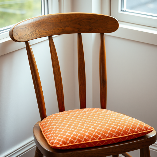 Create a photorealistic image of a wooden chair with a patterned orange cushion, using a DSLR camera with a 50mm lens, aperture f/2.8, ISO 100, and natural lighting from a window, shot from a 45-degree angle to enhance depth and texture.