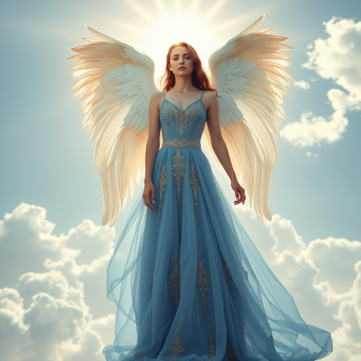 Create an ethereal image of a serene angelic figure with large wings, wearing a flowing blue gown adorned with intricate gold details, standing majestically against a backdrop of fluffy white clouds and a radiant sky, captured using a Canon EOS R5 with a 50mm f/1.2 lens at f/2.8, 1/200s, ISO 100, in a soft focus style to enhance the glow and light effects.