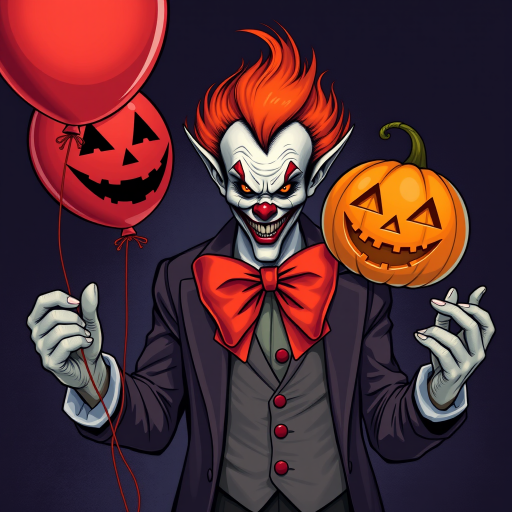 Illustrate a sinister clown with bright orange hair and a dark, menacing smile. The clown is holding a spooky jack-o'-lantern balloon and a carved pumpkin. Dress the clown in a formal suit with a large red bow tie to enhance the eerie Halloween ambiance. Aim for a chilling, unsettling style that captures the essence of Halloween horror.