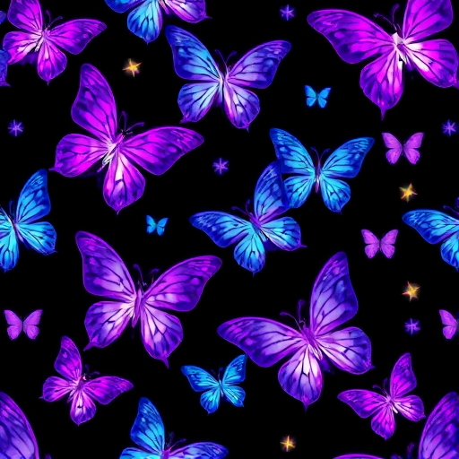 Generate a vibrant pattern featuring various butterflies in shades of purple and blue against a black background. Include glowing accents to create a magical atmosphere, with the butterflies in different sizes and orientations for a dynamic look. Add subtle twinkling stars to enhance the whimsy of the scene.