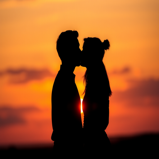 silhouette of a couple kissing against a vibrant sunset background, camera settings: f/2.8, ISO 100, shutter speed 1/200s, camera view: close-up, camera style: portrait, camera type: DSLR