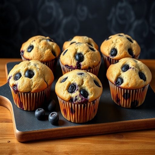 six blueberry muffins on a slate serving board with a dark textured background, close-up shot, aperture f/2.8, shutter speed 1/60 sec, ISO 100,DSLR camera with natural lighting