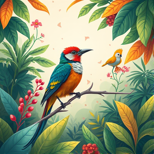 Create a vibrant illustration of a colorful bird perched amidst lush foliage with a whimsical background, using a Canon EOS R5, 50mm lens, f/2.8 aperture, ISO 100, 1/250s exposure, vibrant colors and high detail to enhance the quality.