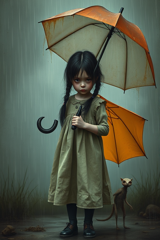 An eerie, weird little girl with dark hair in thin pigtails, wearing a smock dress, standing in the rain, holding a dirty orange umbrella, a small, odd creature beside her. In a surreal style inspired by Nicoletta Ceccoli and Brian Froud. Dark fantasy themes