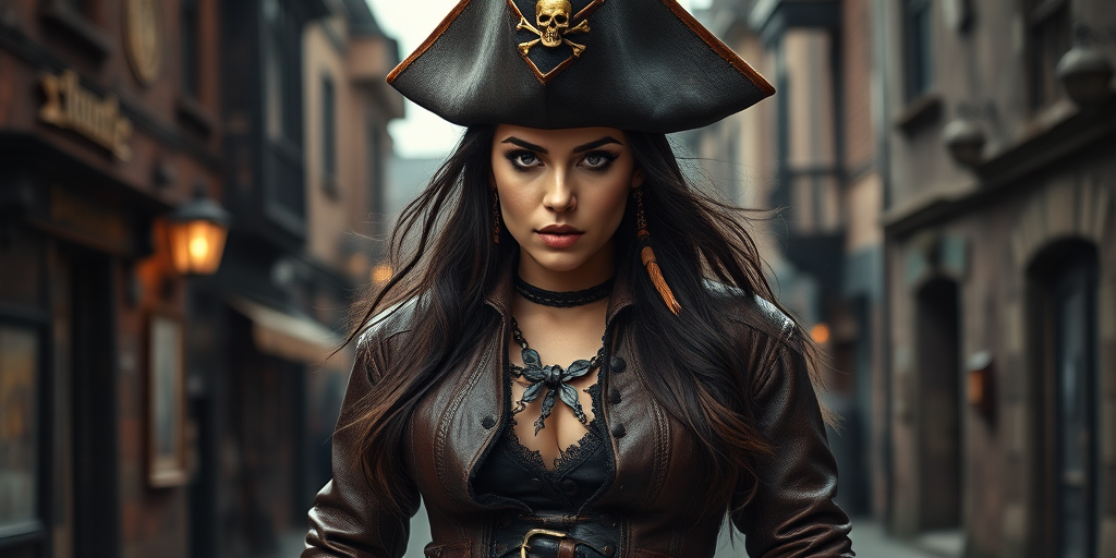 Create a portrait of a fierce female pirate. She wears a leather tricorn hat adorned with a skull and crossbones emblem, and her long, dark hair flows around her face. Her outfit consists of a richly detailed leather jacket, a corset, and multiple layers of belts and accessories, giving her a formidable and stylish appearance. She stands confidently in a dimly lit, historic port town, with a backdrop of weathered buildings and cobblestone streets, capturing the adventurous spirit of a pirate.