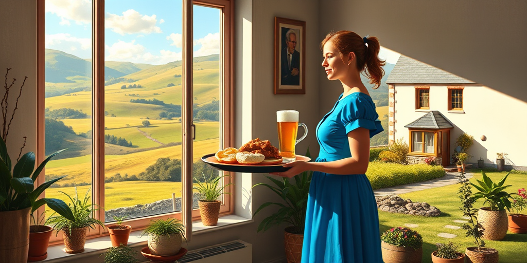 In "A Glass of Beer on the Highland," a serene scene is depicted in a sunlit room where a woman in a vibrant blue dress stands by a large window. She holds a tray with a hearty meal and a frothy glass of beer, embodying a moment of relaxation. Outside, the breathtaking highland landscape features rolling green hills and a charming traditional house, all bathed in warm afternoon light. The interior is adorned with potted plants, creating a harmonious blend of comfort and nature. The painting beautifully captures the tranquility and joy found in simple pleasures amidst stunning scenery