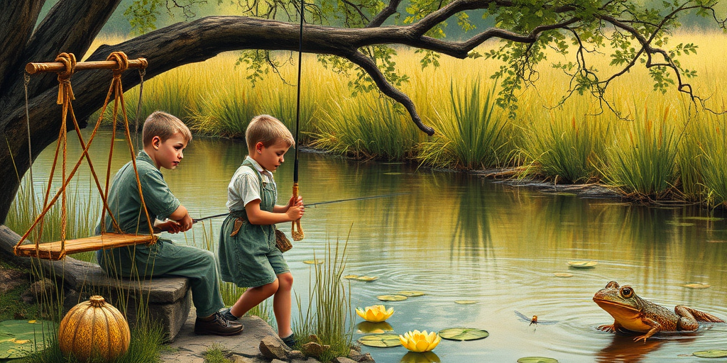 Imagine a small group of old fashioned young boys out fishing by the creek, a swing hanging from a tree branch, reeds and grasses by the water's edge, a frog sitting on a lily pad, dragonflies hovering over som water plans, a very iconic old fashioned scene reminiscent of a Norman Rockwell painting style